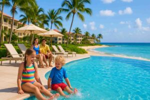 Une famille souriante profite d'une journée ensoleillée dans un complexe balnéaire tropical, avec des enfants jouant dans la piscine et des palmiers en arrière-plan.